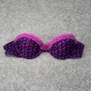 Y2k Victorias Secret Butterfly Print Lace Trim Strapless Push Up Bra Purple 32B
